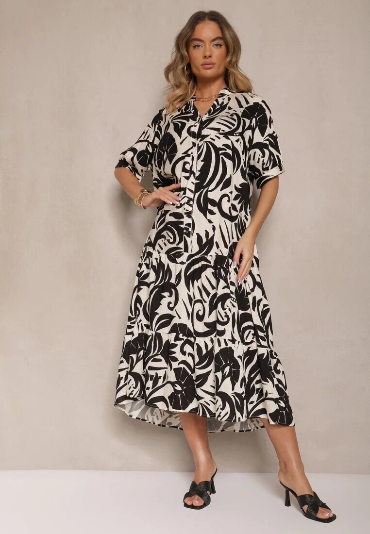 j&x Rochie Neagră Evazată din Viscoză Decorată cu Volan Filesenia