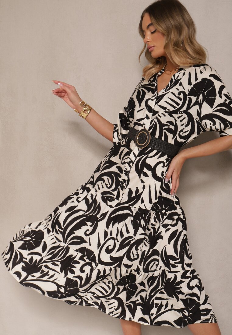 j&x Rochie Neagră Evazată din Viscoză Decorată cu Volan Filesenia