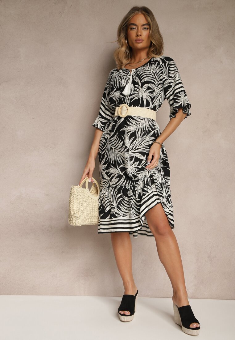 j&x Rochie Neagră fason cutie Decorată cu imprimeu vegetal și legătură la decolteu Miranissa