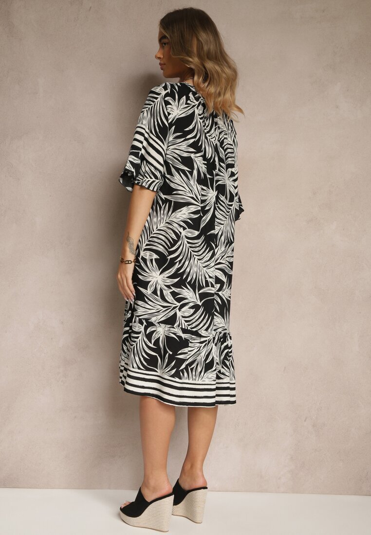 j&x Rochie Neagră fason cutie Decorată cu imprimeu vegetal și legătură la decolteu Miranissa