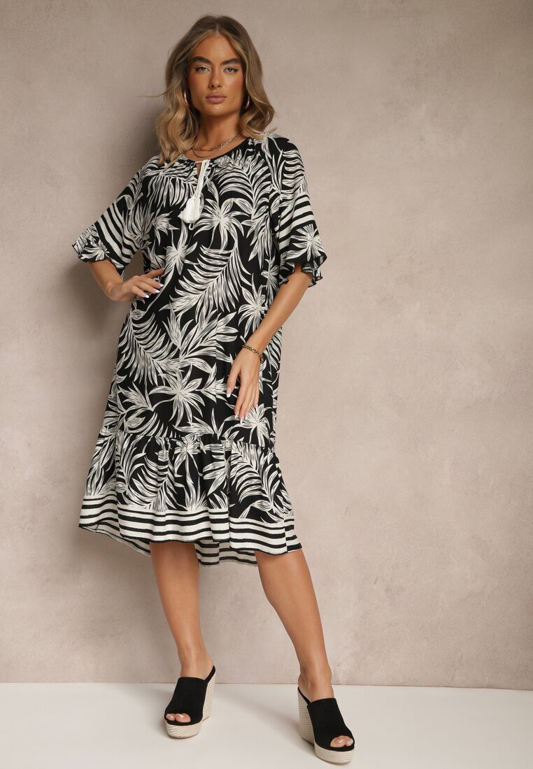 j&x Rochie Neagră fason cutie Decorată cu imprimeu vegetal și legătură la decolteu Miranissa