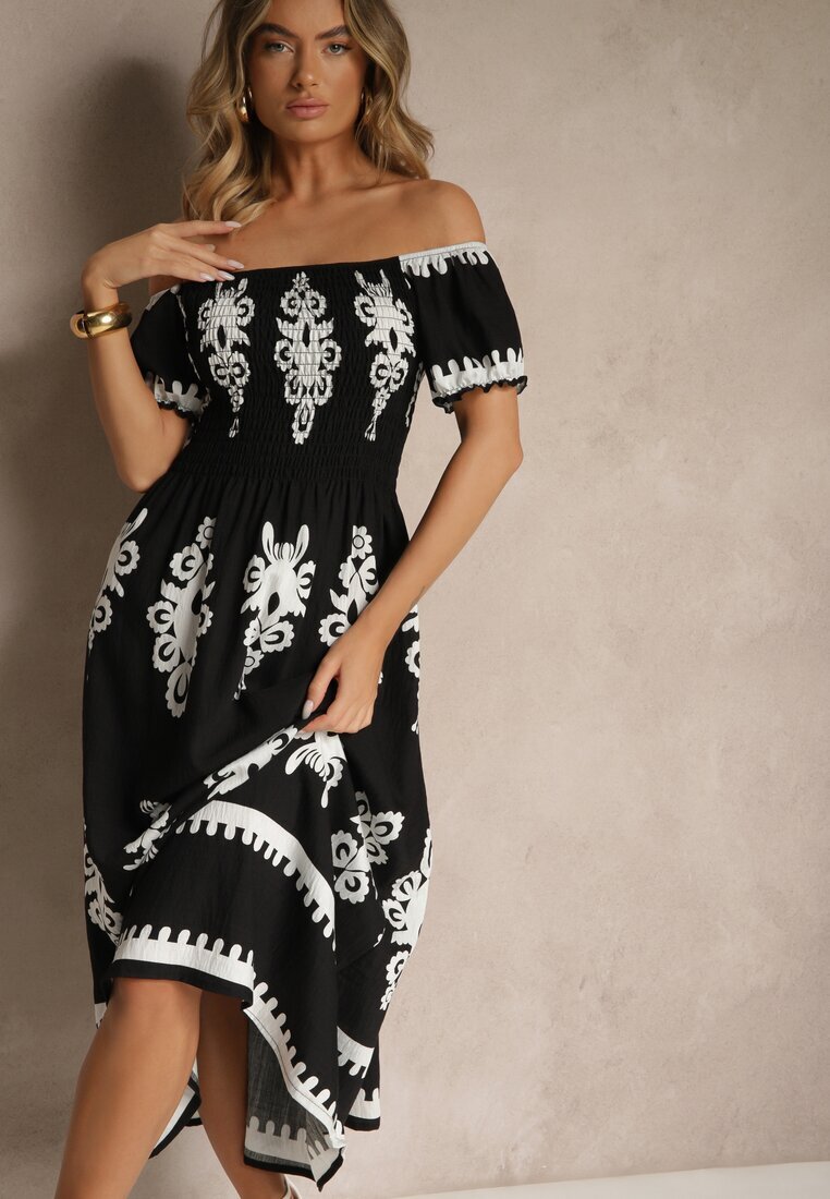 j&x Rochie Neagră Spaniolă Decorată cu Imprimeu Etnic Aralette