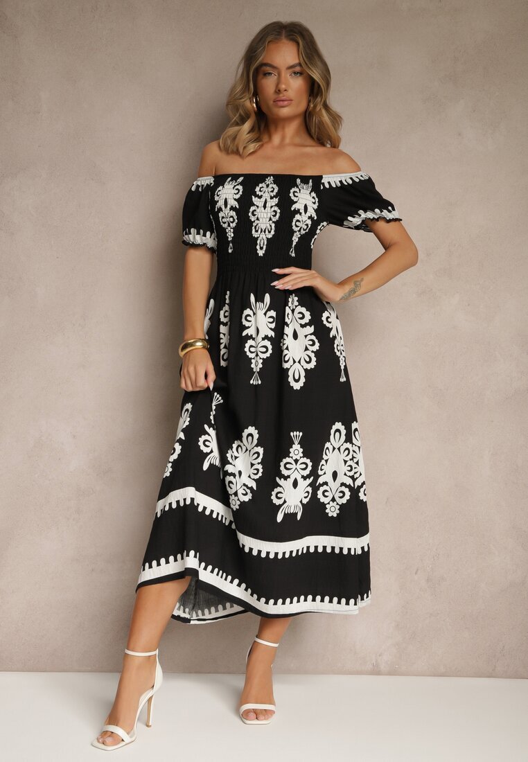 j&x Rochie Neagră Spaniolă Decorată cu Imprimeu Etnic Aralette