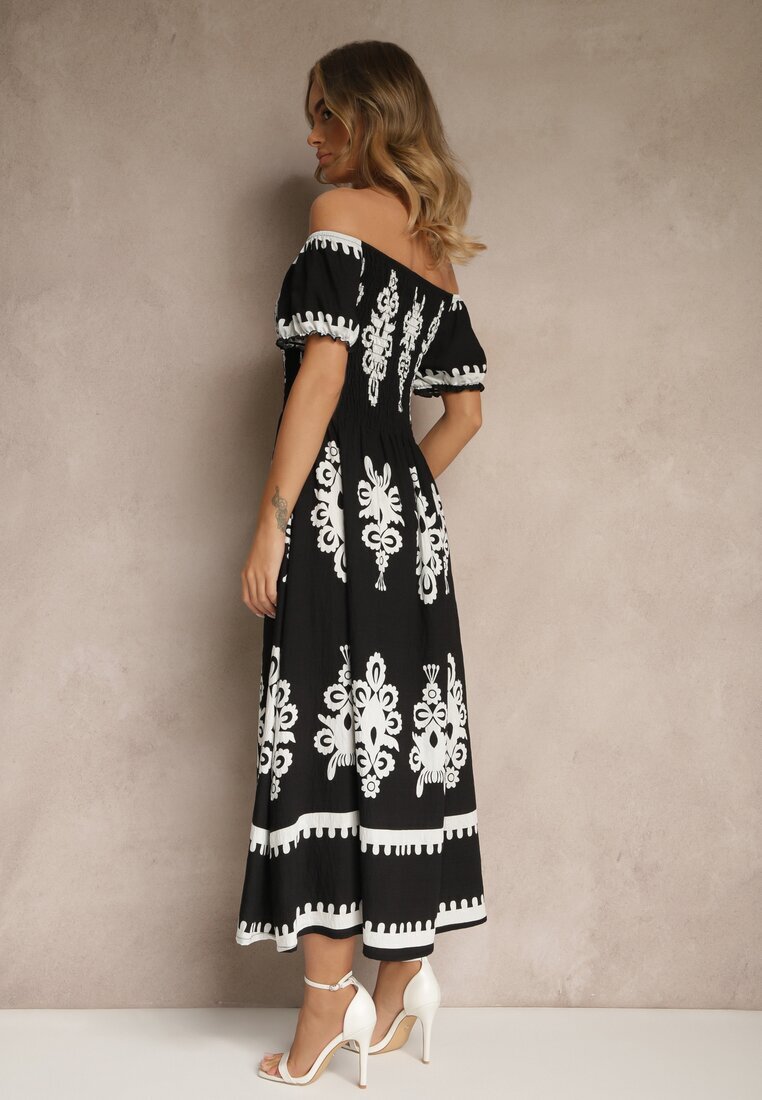 j&x Rochie Neagră Spaniolă Decorată cu Imprimeu Etnic Aralette