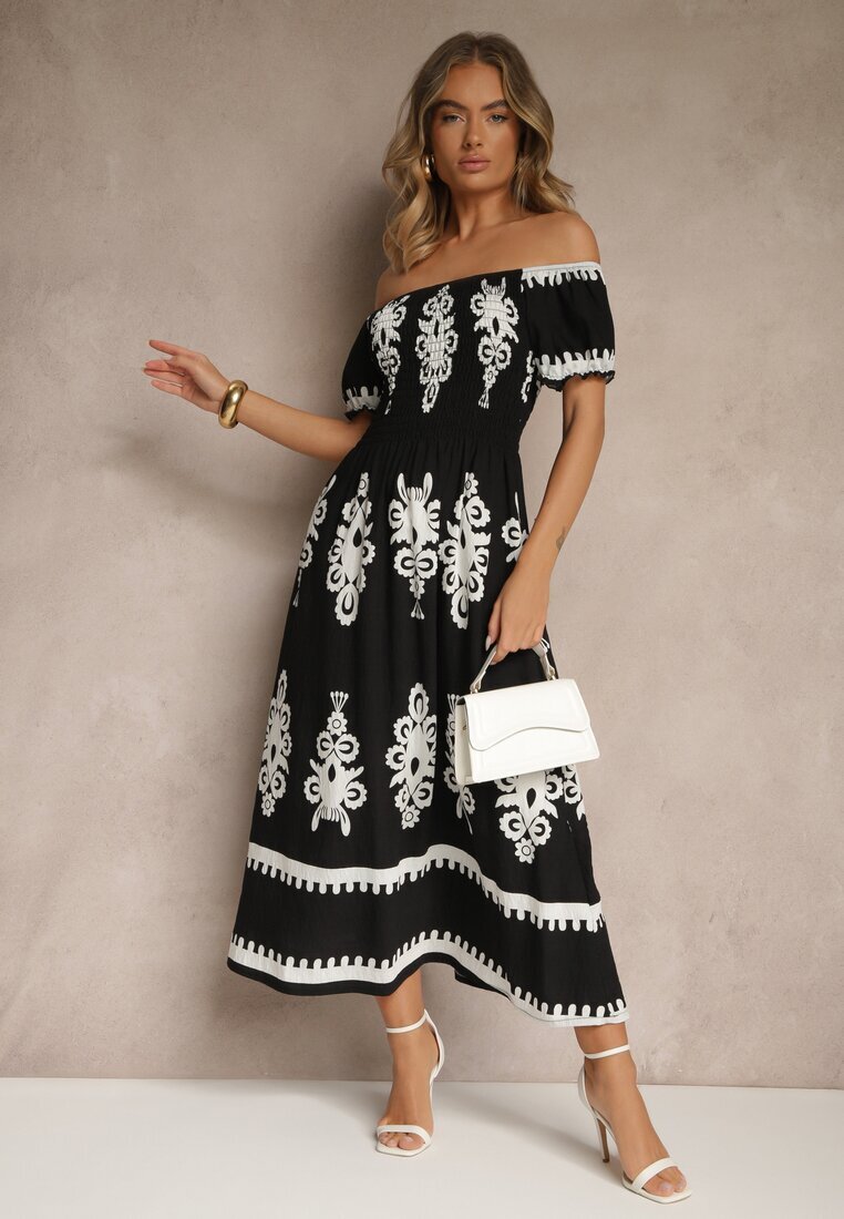j&x Rochie Neagră Spaniolă Decorată cu Imprimeu Etnic Aralette