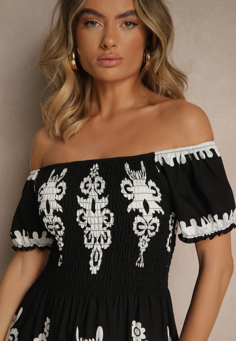 j&x Rochie Neagră Spaniolă Decorată cu Imprimeu Etnic Aralette