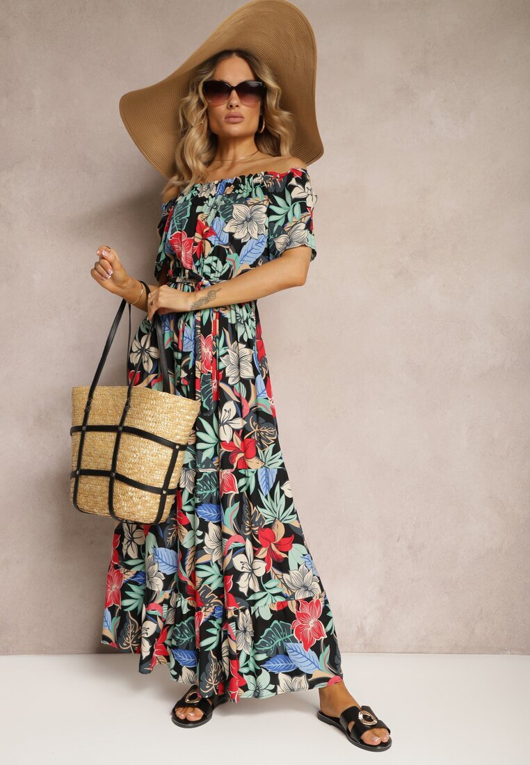 j&x Rochie Negru-Roșu de Viscoză cu Croi Evazat cu Curea în Talie și Imprimeu Floral Rosubia