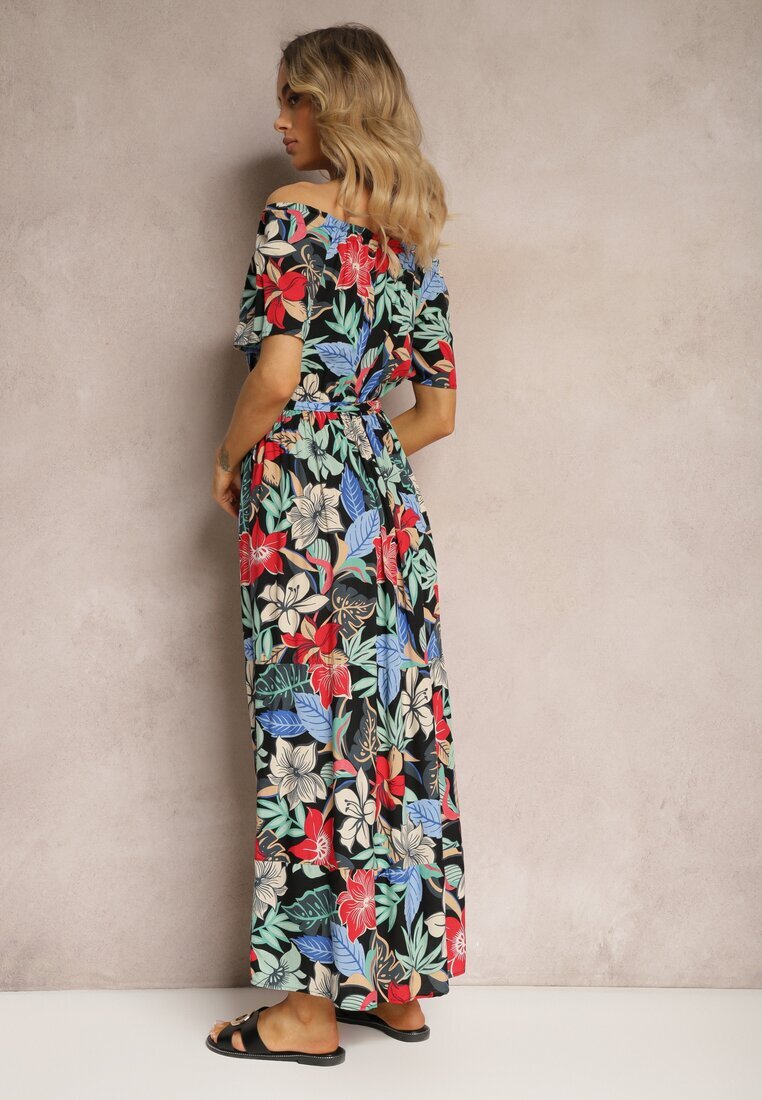 j&x Rochie Negru-Roșu de Viscoză cu Croi Evazat cu Curea în Talie și Imprimeu Floral Rosubia