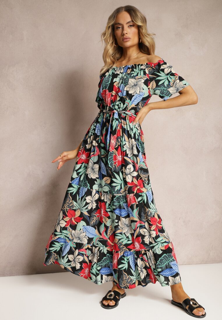 j&x Rochie Negru-Roșu de Viscoză cu Croi Evazat cu Curea în Talie și Imprimeu Floral Rosubia
