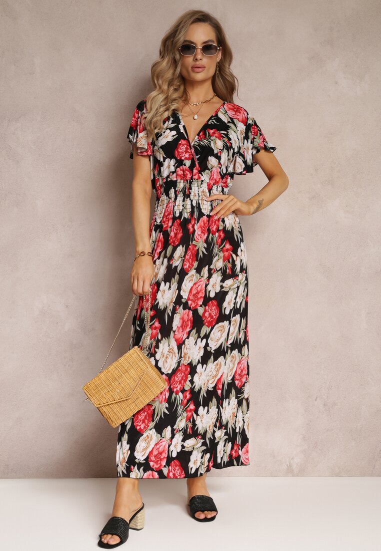 j&x Rochie Negru și Roșu Tip plic Maxi Florală cu elastic în talie Jazzly