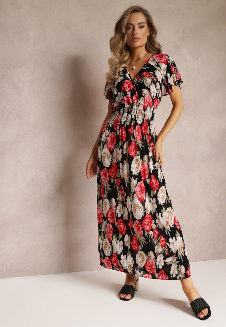j&x Rochie Negru și Roșu Tip plic Maxi Florală cu elastic în talie Jazzly