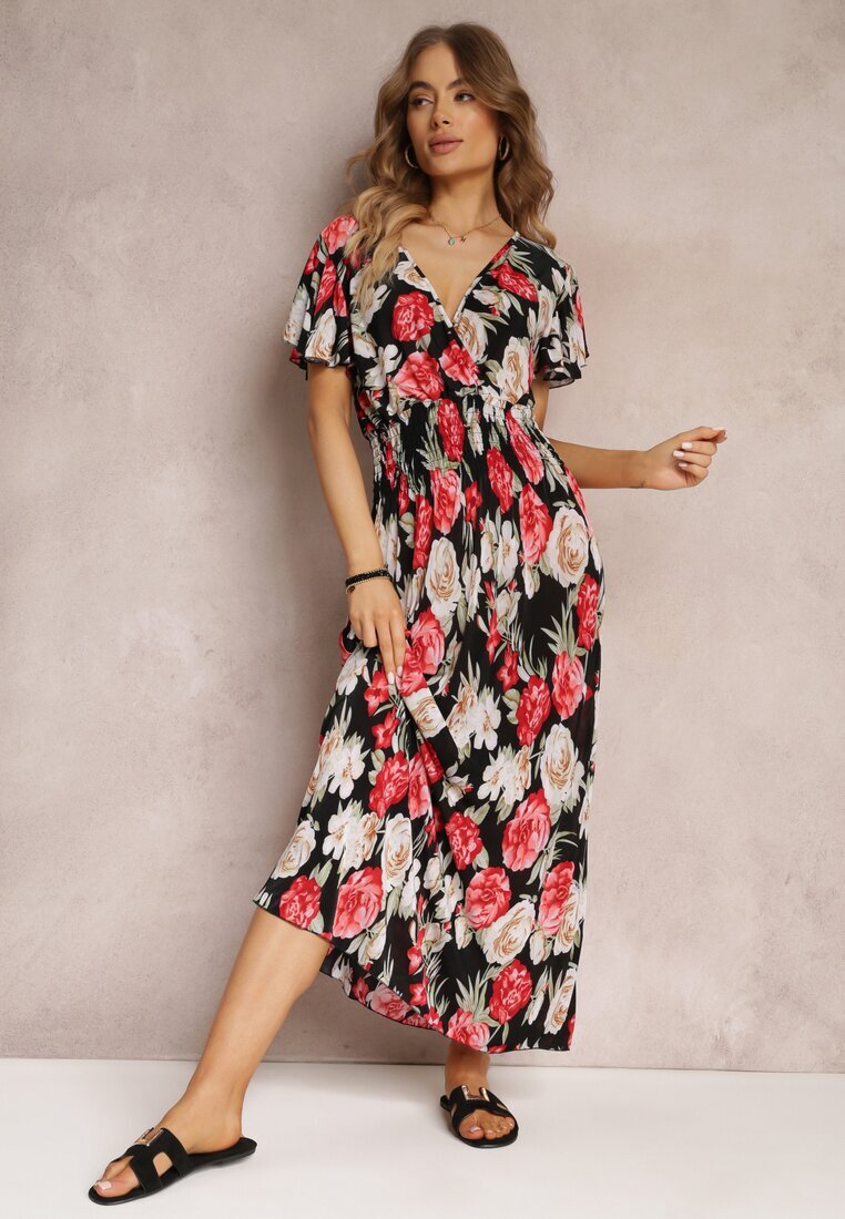 j&x Rochie Negru și Roșu Tip plic Maxi Florală cu elastic în talie Jazzly