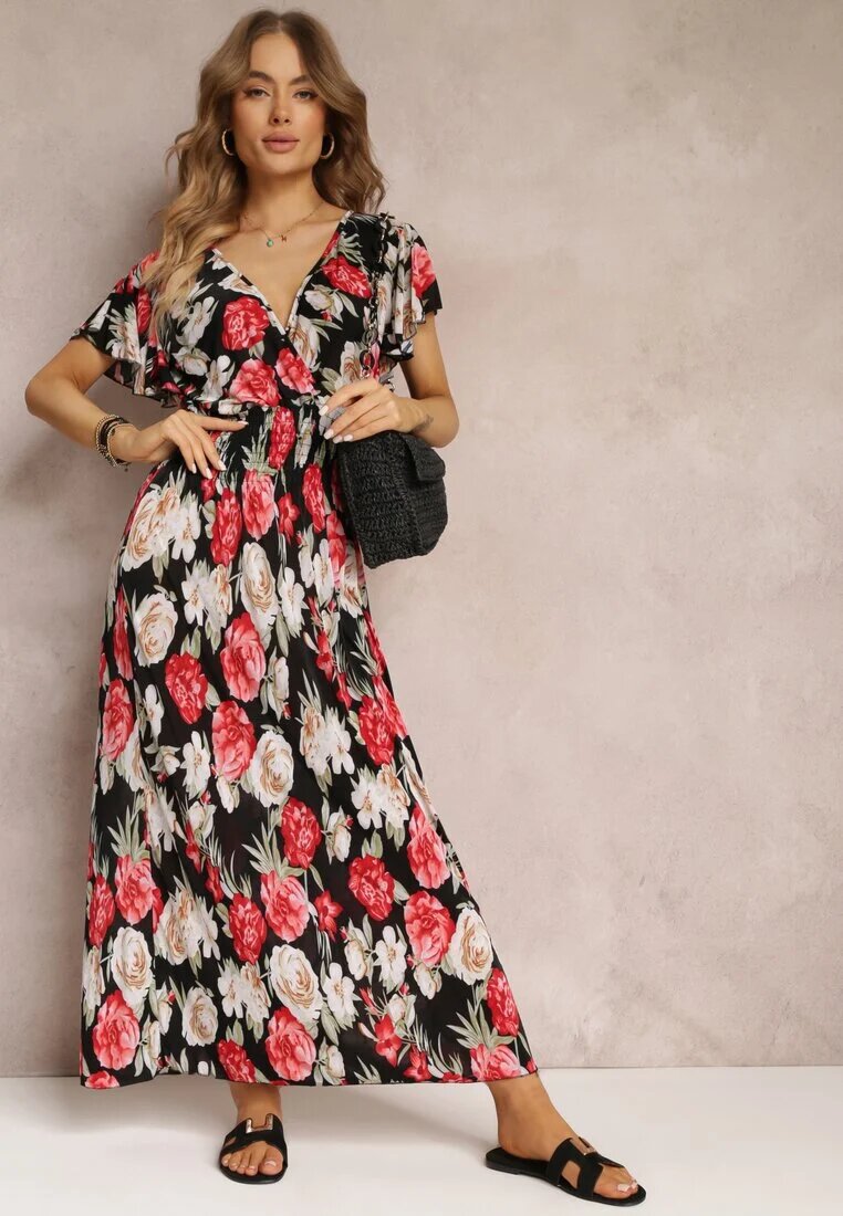 j&x Rochie Negru și Roșu Tip plic Maxi Florală cu elastic în talie Jazzly