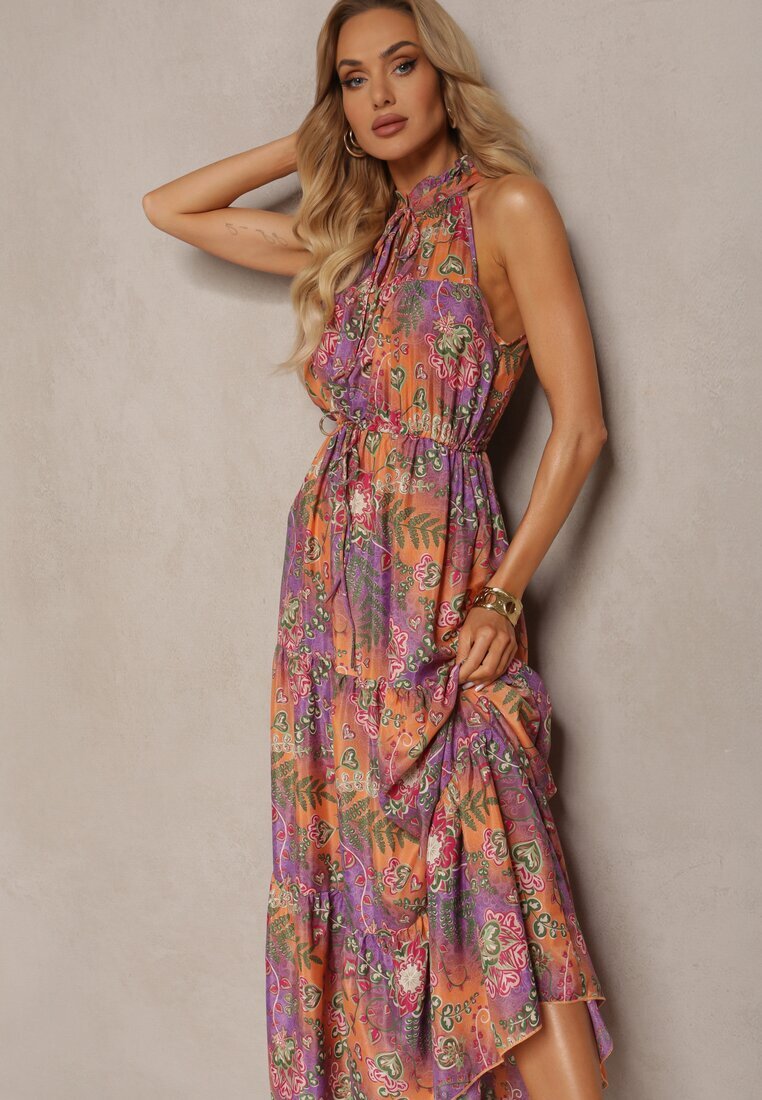 j&x Rochie Portocalie-Roz stil Boho cu elastic în talie și legătură decorativă Piofara