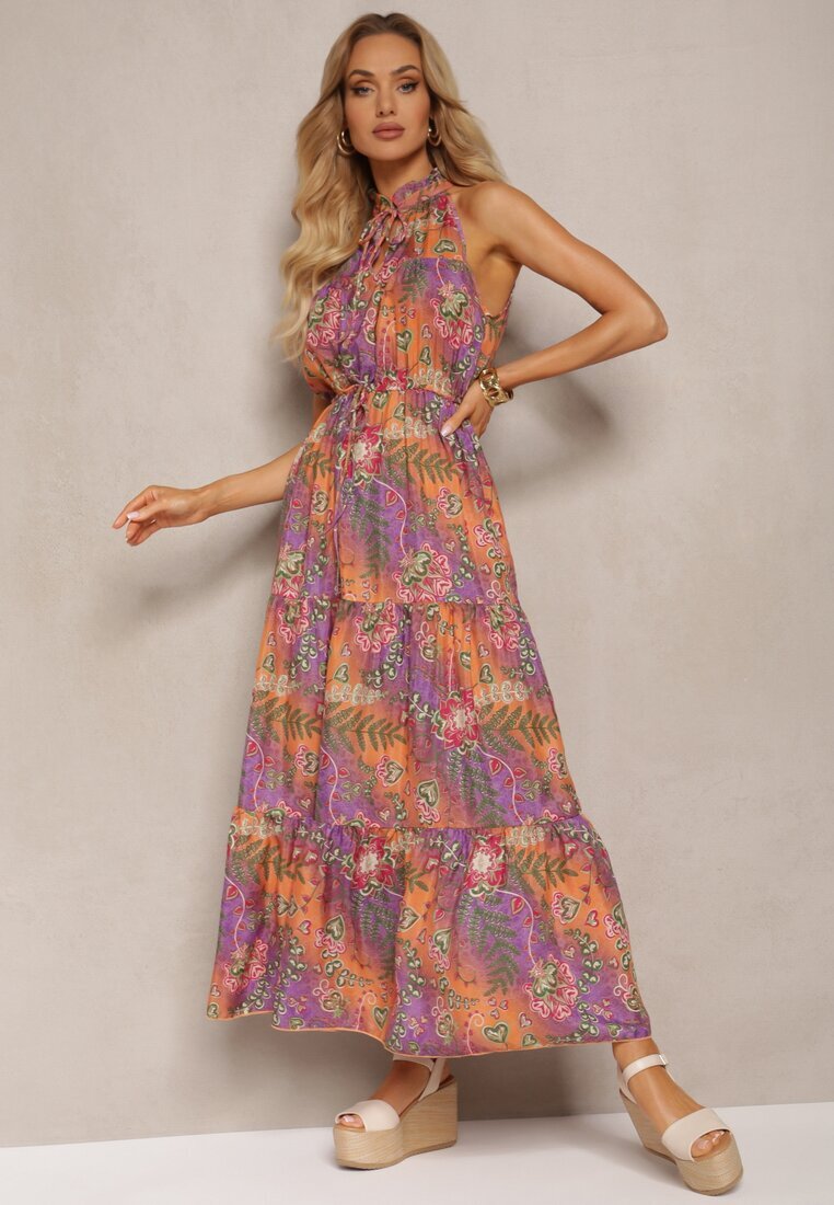 j&x Rochie Portocalie-Roz stil Boho cu elastic în talie și legătură decorativă Piofara
