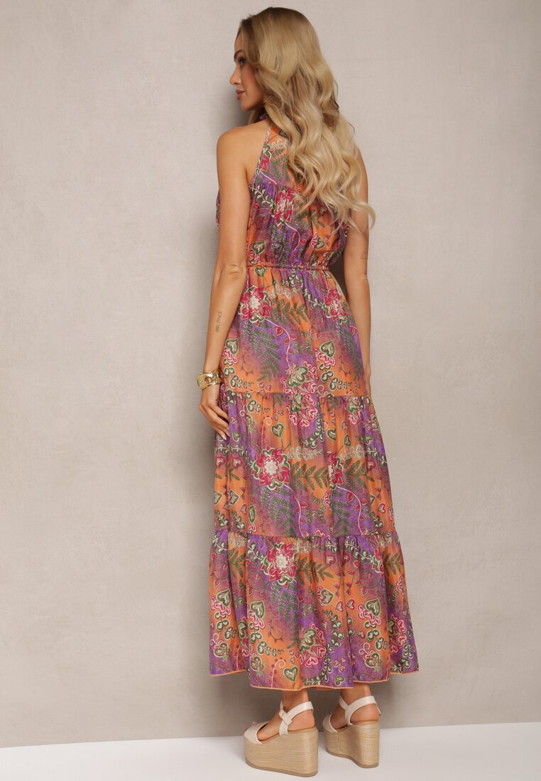 j&x Rochie Portocalie-Roz stil Boho cu elastic în talie și legătură decorativă Piofara