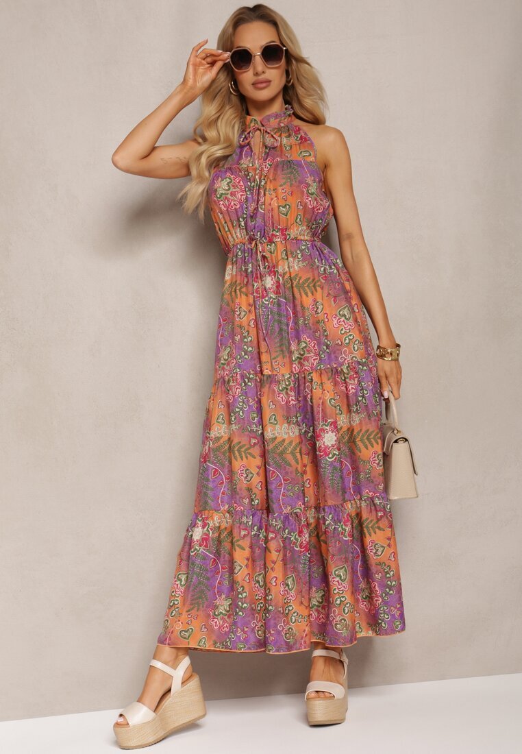 j&x Rochie Portocalie-Roz stil Boho cu elastic în talie și legătură decorativă Piofara