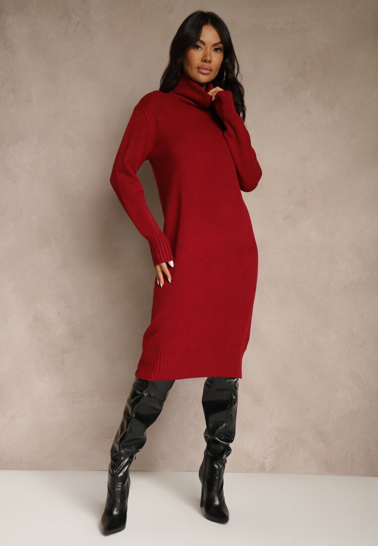 j&x Rochie pulover Bordo din bumbac și guler înalt Reinaria