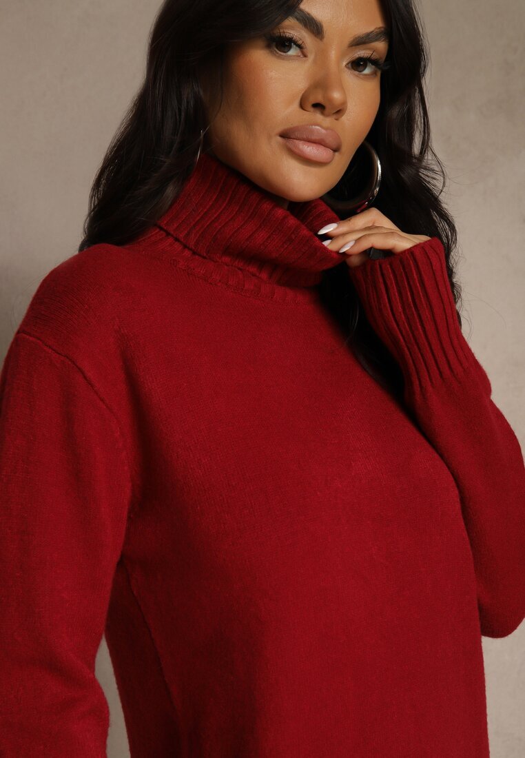 j&x Rochie pulover Bordo din bumbac și guler înalt Reinaria