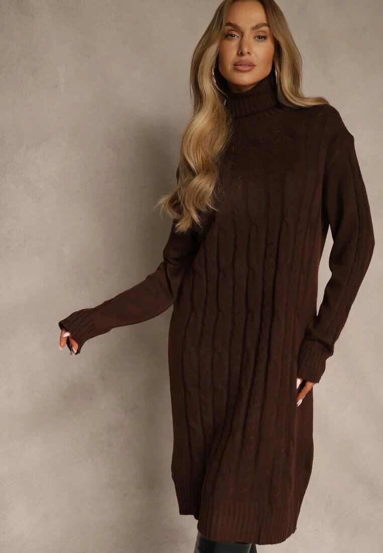 j&x Rochie Pulover Maro cu Guler Înalt din Lână și Bumbac cu Tricotaj Decorativ Reilenea