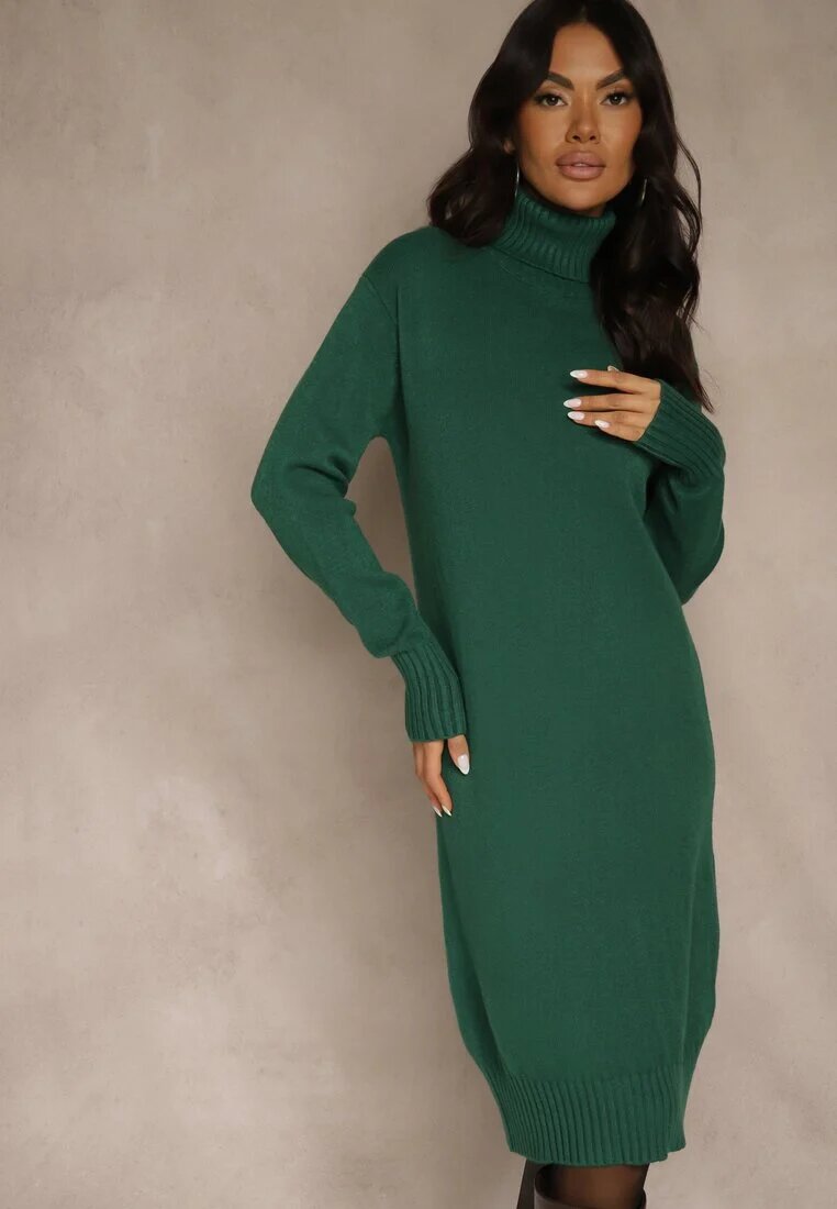 j&x Rochie pulover Verde din bumbac și guler înalt Reinaria