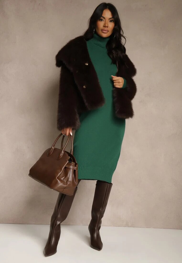 j&x Rochie pulover Verde din bumbac și guler înalt Reinaria