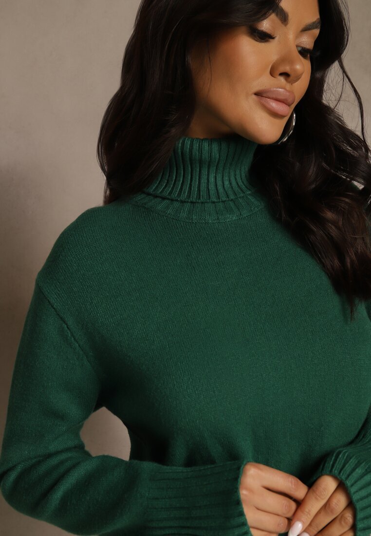 j&x Rochie pulover Verde din bumbac și guler înalt Reinaria