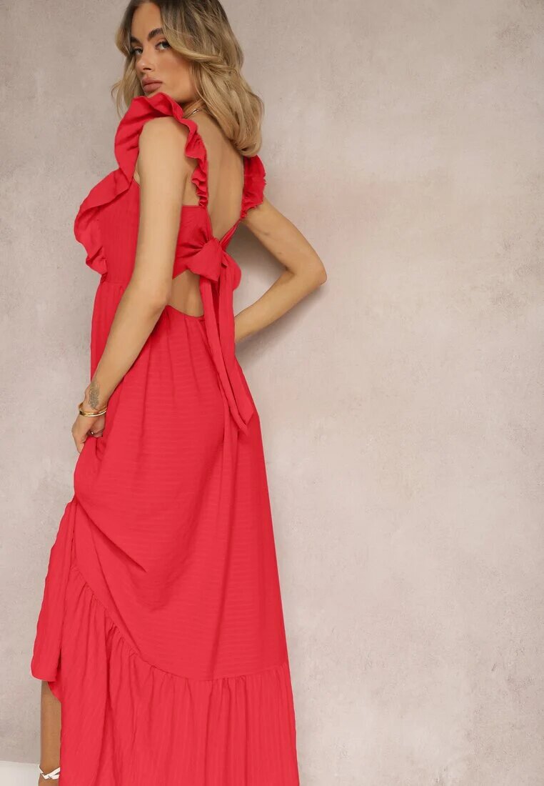 j&x Rochie Roșie cu Legătură la Spate cu Bretele cu Volane și Elastic în Talie Rollas