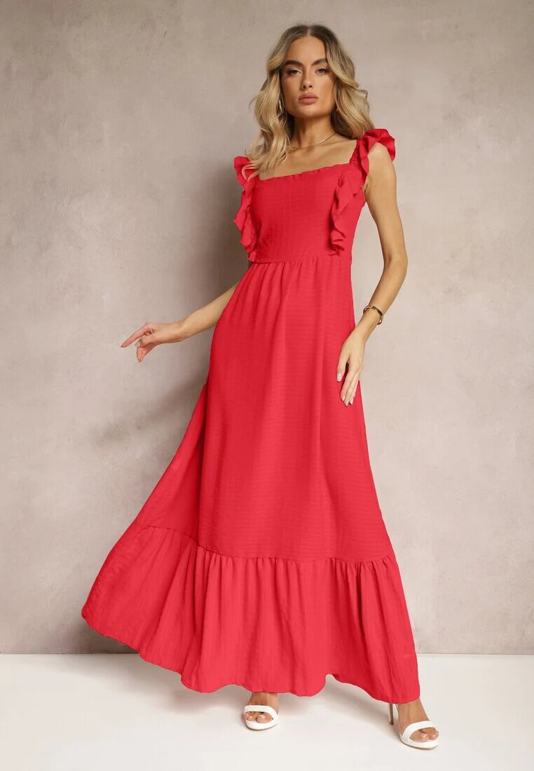 j&x Rochie Roșie cu Legătură la Spate cu Bretele cu Volane și Elastic în Talie Rollas