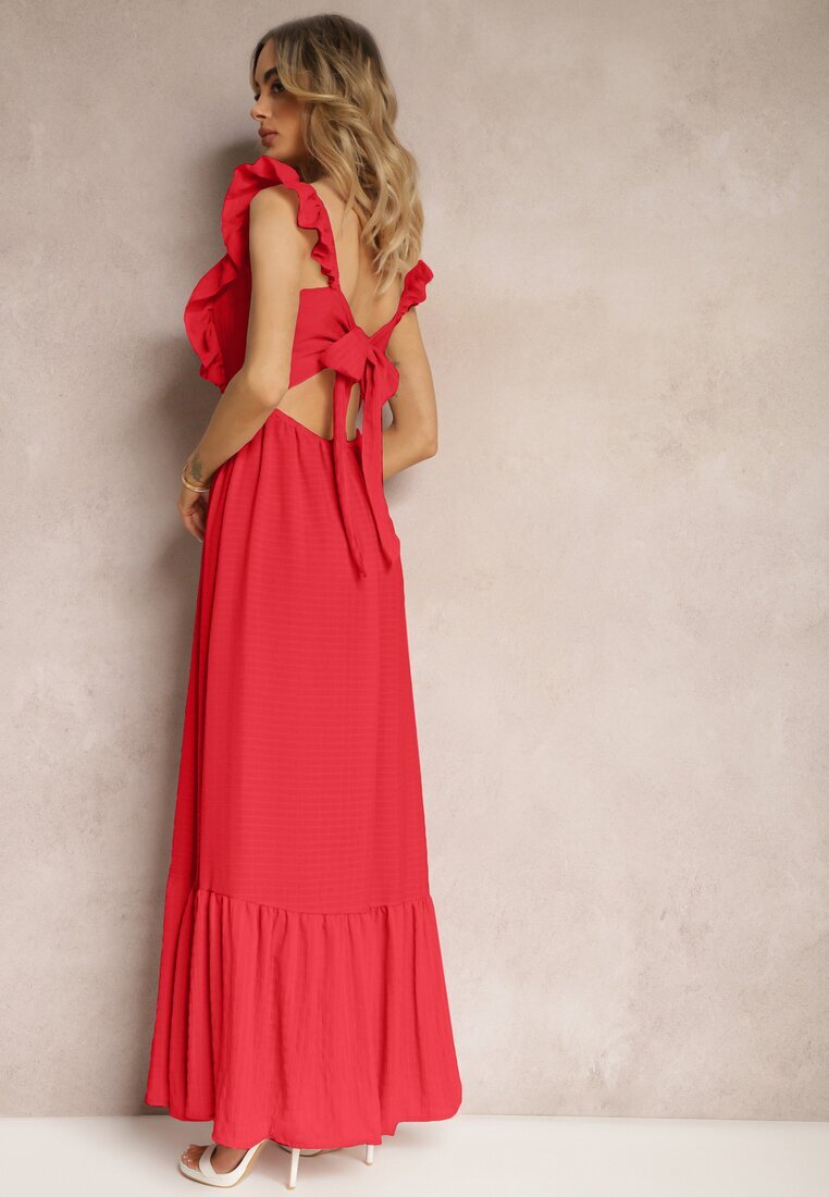 j&x Rochie Roșie cu Legătură la Spate cu Bretele cu Volane și Elastic în Talie Rollas