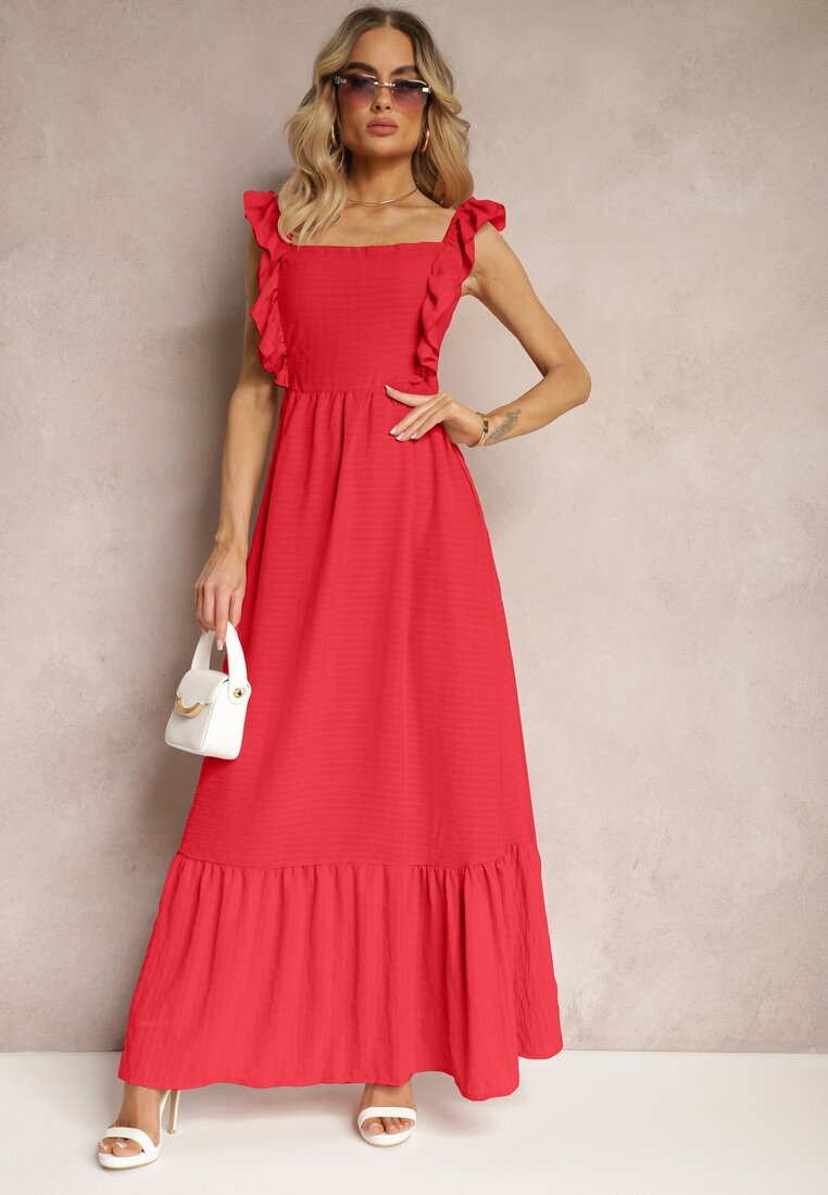 j&x Rochie Roșie cu Legătură la Spate cu Bretele cu Volane și Elastic în Talie Rollas