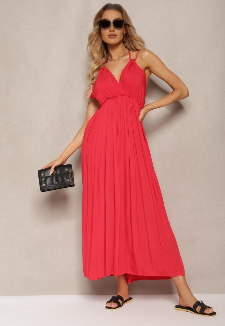 j&x Rochie Roșie din Viscoză cu Croială Evazată Legată la Gât și Spate Grines