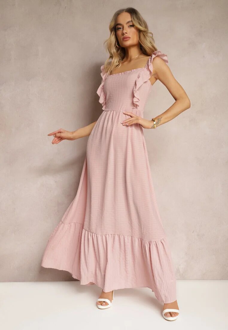j&x Rochie Roz cu Legătură la Spate pe Bretele cu Volane și Elastic în Talie Rollas
