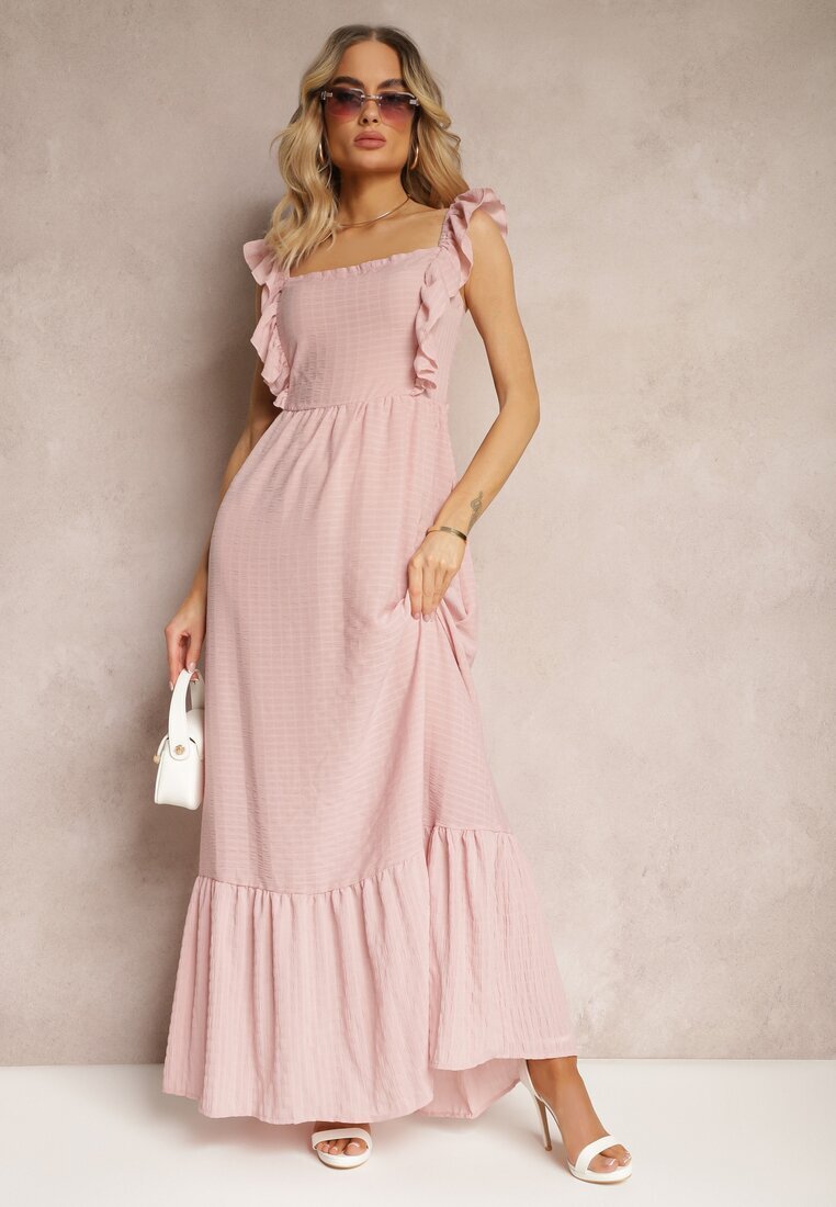 j&x Rochie Roz cu Legătură la Spate pe Bretele cu Volane și Elastic în Talie Rollas