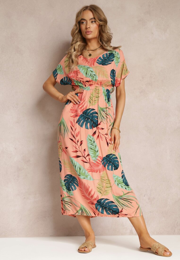 j&x Rochie Roz din Viscoză cu Flori și Elastic în Talie Timnita