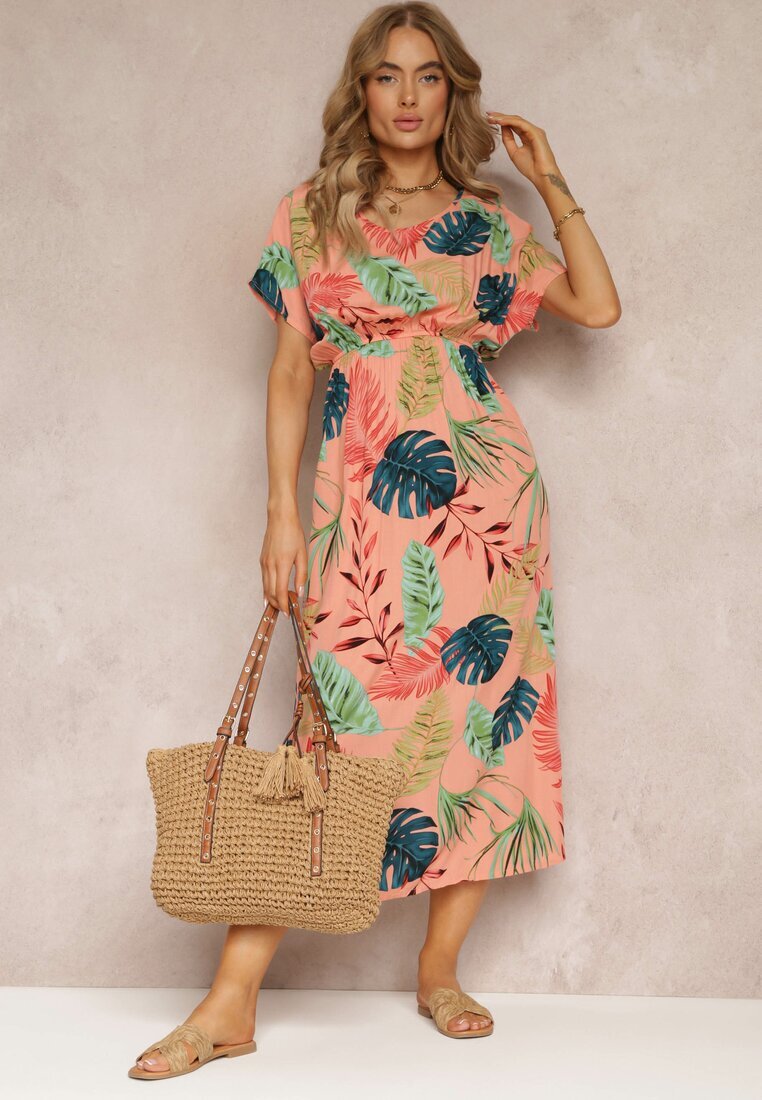 j&x Rochie Roz din Viscoză cu Flori și Elastic în Talie Timnita