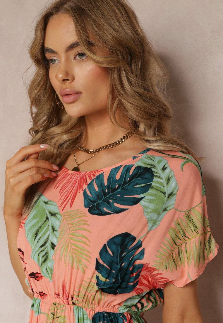 j&x Rochie Roz din Viscoză cu Flori și Elastic în Talie Timnita