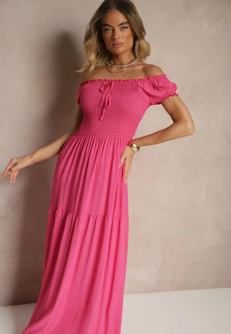 j&x Rochie Roz din Viscoză Stil Spaniol Ornată cu Volane Jenalena