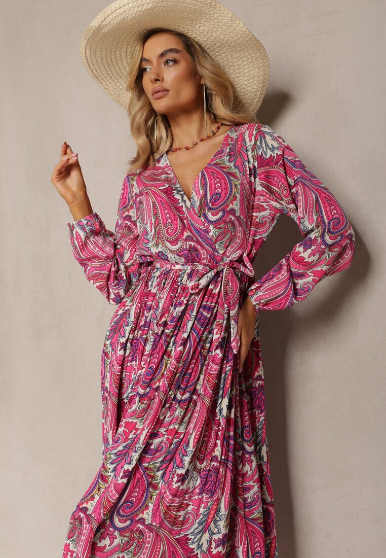j&x Rochie Roz închis Plisată cu Decolteu petrecut și Model Paisley Olanetta