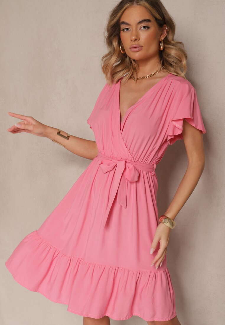 j&x Rochie roz tip plic din viscoză decorată cu curea Lanestea