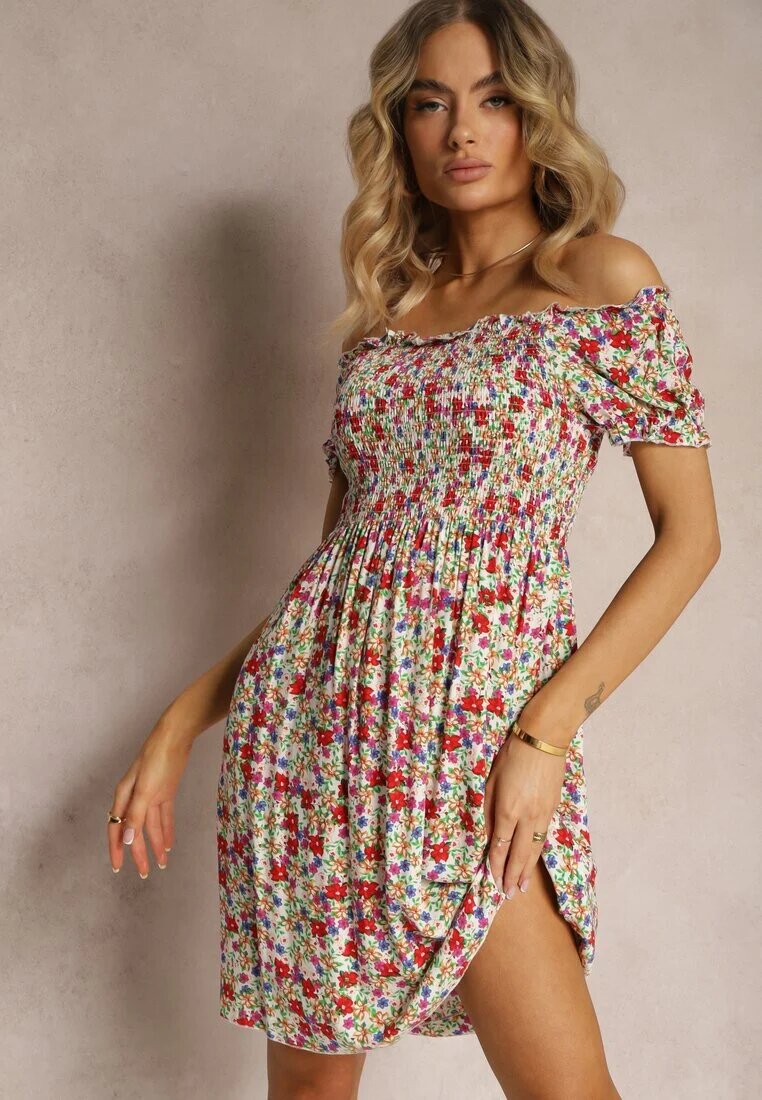 j&x Rochie Spaniolă Alb și Roz din Viscoză cu Imprimeu Floral cu Elastic în Talie Silemia