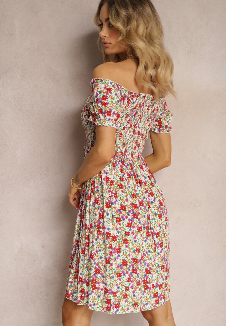 j&x Rochie Spaniolă Alb și Roz din Viscoză cu Imprimeu Floral cu Elastic în Talie Silemia
