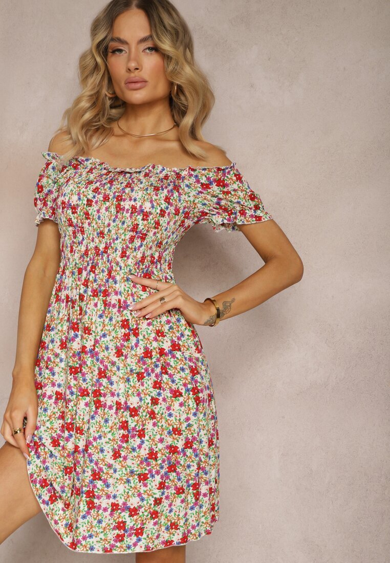 j&x Rochie Spaniolă Alb și Roz din Viscoză cu Imprimeu Floral cu Elastic în Talie Silemia
