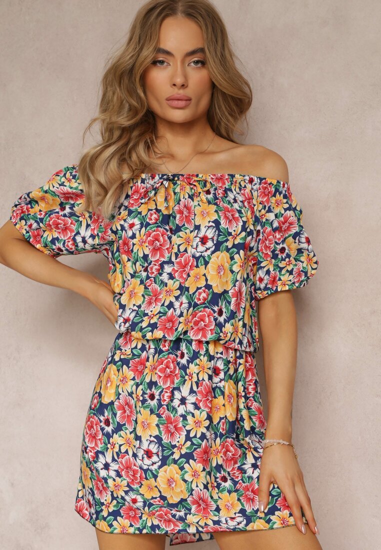 j&x Rochie spaniolă bleumarin-galbenă din viscoză și elastic în talie Pellin