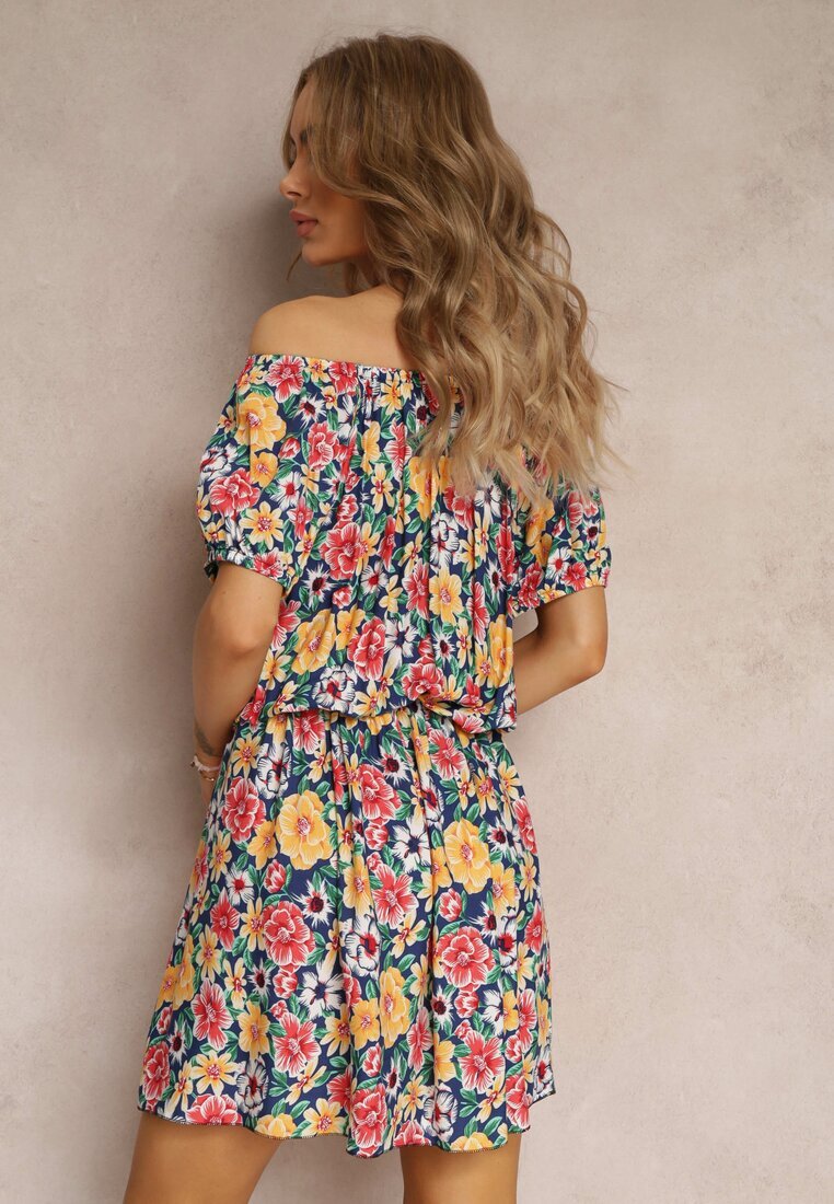 j&x Rochie spaniolă bleumarin-galbenă din viscoză și elastic în talie Pellin