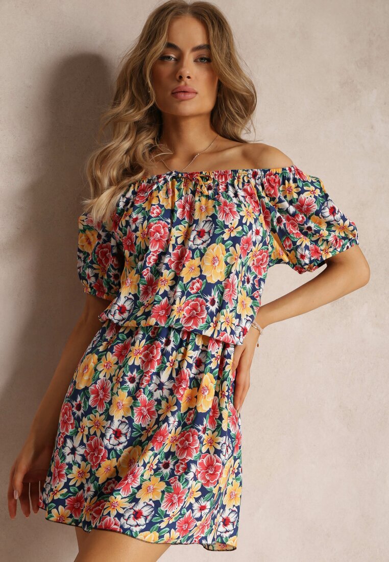 j&x Rochie spaniolă bleumarin-galbenă din viscoză și elastic în talie Pellin