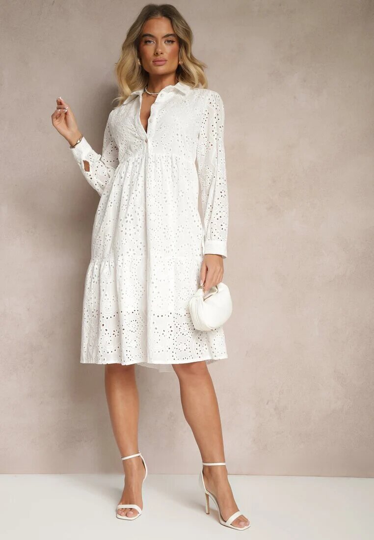 j&x Rochie tip cămașă Albă din Bumbac cu Decorațiuni Ajurate Ridioriana