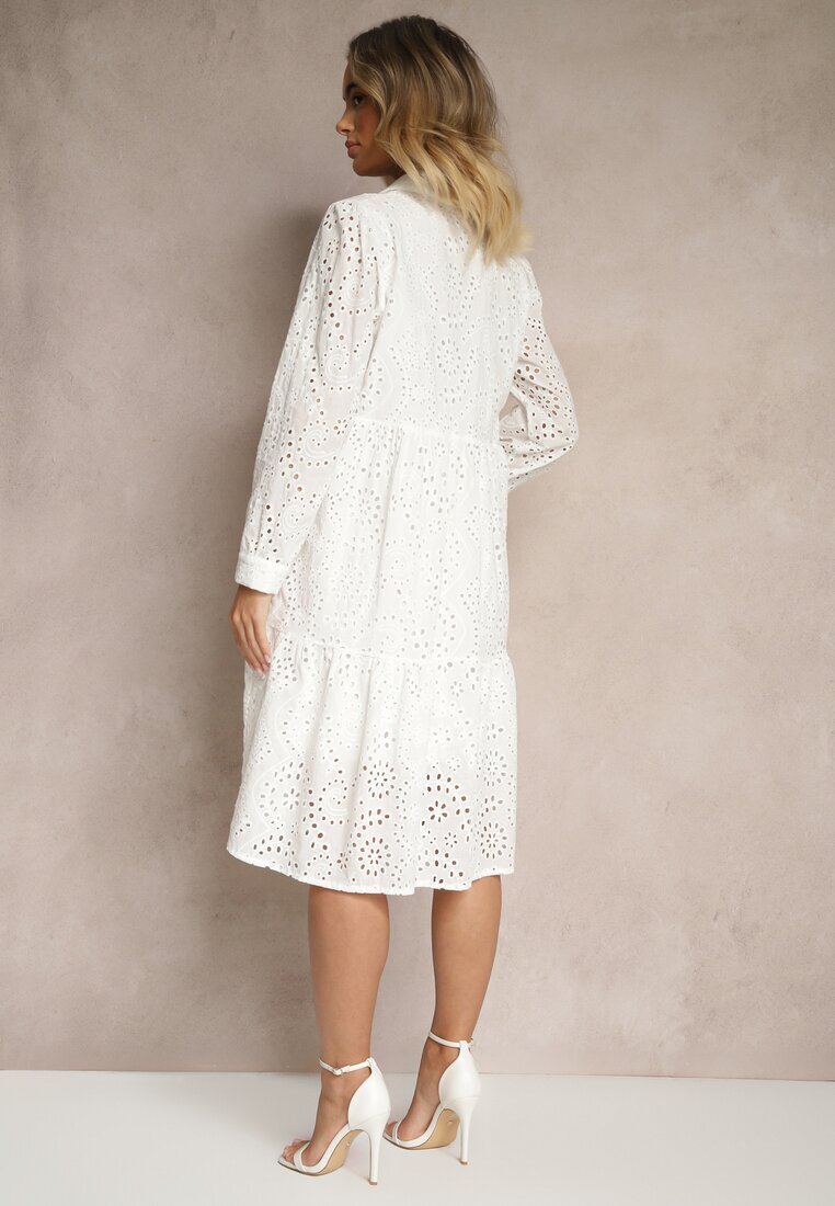 j&x Rochie tip cămașă Albă din Bumbac cu Decorațiuni Ajurate Ridioriana