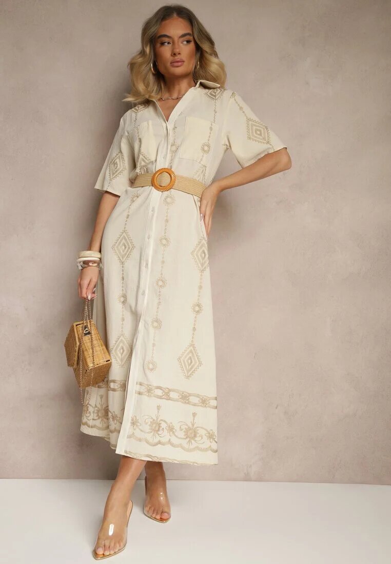 j&x Rochie tip cămașă Bej din bumbac cu curea împletită Sariene