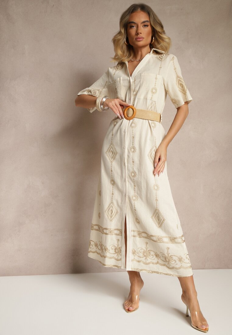 j&x Rochie tip cămașă Bej din bumbac cu curea împletită Sariene